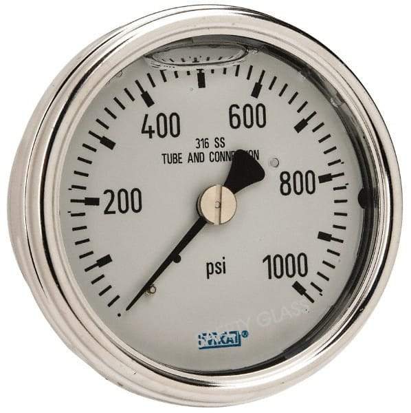 Wika - 2-1/2" Dial, 1/4 Thread, 0-1,000 Scale Range, Pressure Gauge - Center Back Connection Mount, Accurate to 2-1-2% of Scale - Exact Tool & Supply
