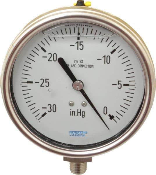Wika - 4" Dial, 1/4 Thread, 30-0 Scale Range, Pressure Gauge - Lower Connection Mount, Accurate to 1% of Scale - Exact Tool & Supply