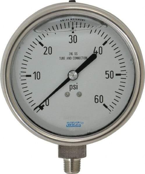 Wika - 4" Dial, 1/4 Thread, 0-60 Scale Range, Pressure Gauge - Lower Connection Mount, Accurate to 1% of Scale - Exact Tool & Supply
