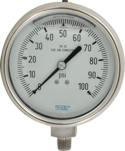 Wika - 4" Dial, 1/4 Thread, 0-100 Scale Range, Pressure Gauge - Lower Connection Mount, Accurate to 1% of Scale - Exact Tool & Supply