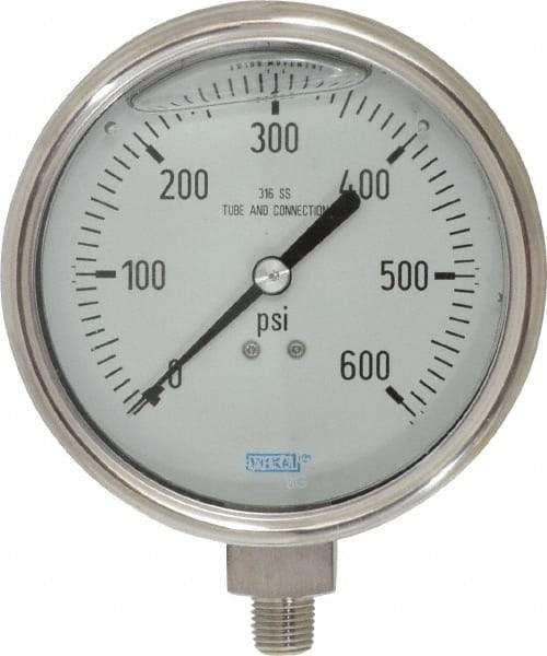 Wika - 4" Dial, 1/4 Thread, 0-600 Scale Range, Pressure Gauge - Lower Connection Mount, Accurate to 1% of Scale - Exact Tool & Supply