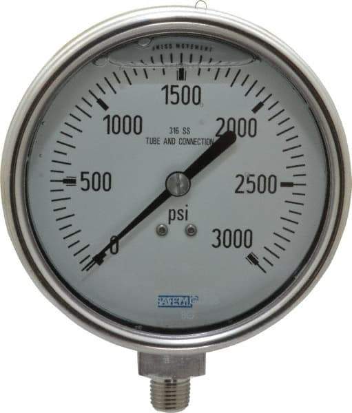 Wika - 4" Dial, 1/4 Thread, 0-3,000 Scale Range, Pressure Gauge - Lower Connection Mount, Accurate to 1% of Scale - Exact Tool & Supply