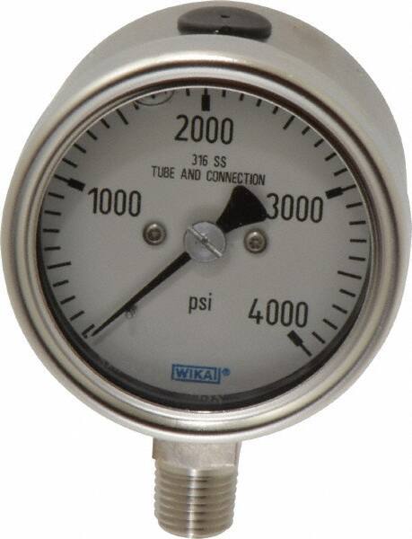 Wika - 2-1/2" Dial, 1/4 Thread, 0-4,000 Scale Range, Pressure Gauge - Lower Connection Mount, Accurate to 2-1-2% of Scale - Exact Tool & Supply