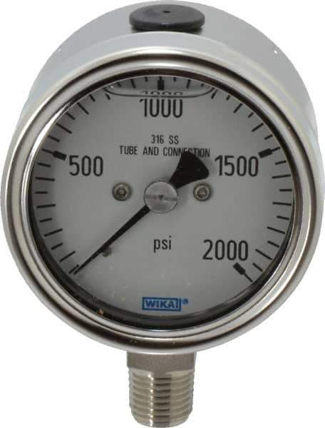 Wika - 2-1/2" Dial, 1/4 Thread, 0-2,000 Scale Range, Pressure Gauge - Lower Connection Mount, Accurate to 2-1-2% of Scale - Exact Tool & Supply