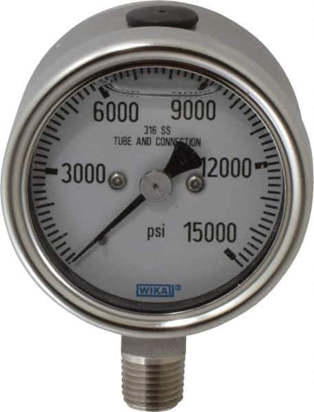 Wika - 2-1/2" Dial, 1/4 Thread, 0-15,000 Scale Range, Pressure Gauge - Lower Connection Mount, Accurate to 2-1-2% of Scale - Exact Tool & Supply
