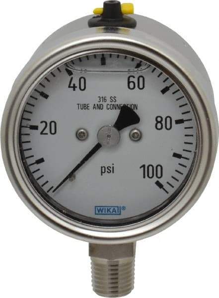 Wika - 2-1/2" Dial, 1/4 Thread, 100 Scale Range, Pressure Gauge - Lower Connection Mount, Accurate to 2-1-2% of Scale - Exact Tool & Supply