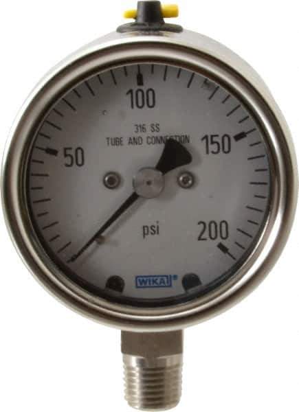 Wika - 2-1/2" Dial, 1/4 Thread, 200 Scale Range, Pressure Gauge - Lower Connection Mount, Accurate to 2-1-2% of Scale - Exact Tool & Supply