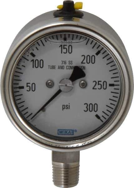 Wika - 2-1/2" Dial, 1/4 Thread, 300 Scale Range, Pressure Gauge - Lower Connection Mount, Accurate to 2-1-2% of Scale - Exact Tool & Supply