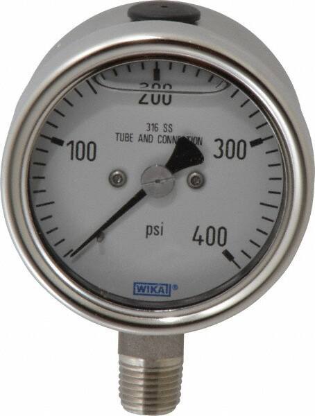 Wika - 2-1/2" Dial, 1/4 Thread, 400 Scale Range, Pressure Gauge - Lower Connection Mount, Accurate to 2-1-2% of Scale - Exact Tool & Supply