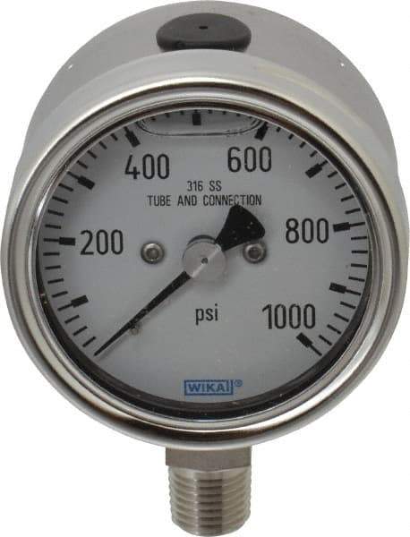 Wika - 2-1/2" Dial, 1/4 Thread, 1,000 Scale Range, Pressure Gauge - Lower Connection Mount, Accurate to 2-1-2% of Scale - Exact Tool & Supply