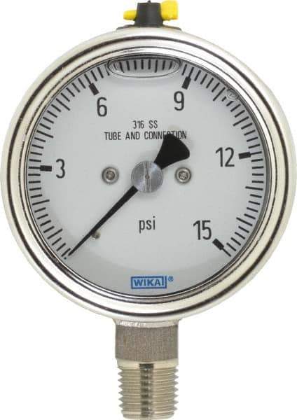 Wika - 2-1/2" Dial, 1/4 Thread, 15 Scale Range, Pressure Gauge - Lower Connection Mount, Accurate to 2-1-2% of Scale - Exact Tool & Supply