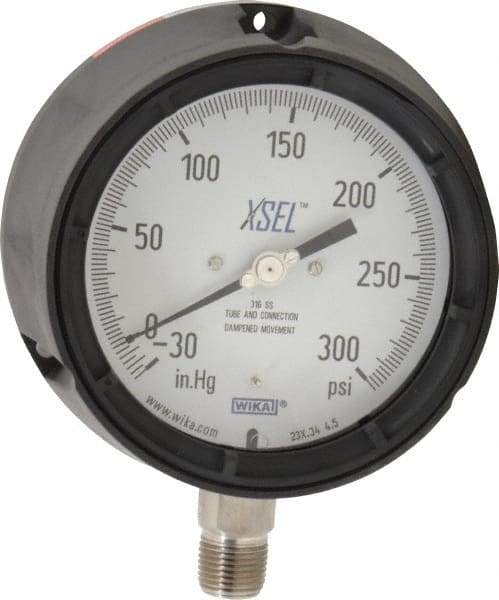 Wika - 4-1/2" Dial, 1/2 Thread, 30-0-300 Scale Range, Pressure Gauge - Lower Connection Mount, Accurate to 0.5% of Scale - Exact Tool & Supply