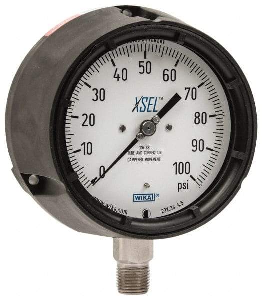 Wika - 4-1/2" Dial, 1/2 Thread, 0-100 Scale Range, Pressure Gauge - Lower Connection Mount, Accurate to 0.5% of Scale - Exact Tool & Supply