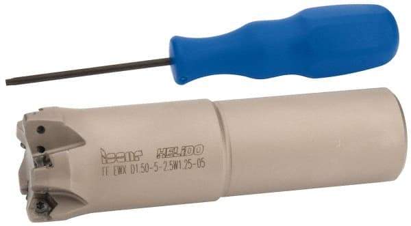 Iscar - 1-1/2" Cut Diam, 0.04" Max Depth, 1-1/4" Shank Diam, Weldon Shank Indexable High-Feed End Mill - Screw Holding Method, H600 WXCU 05 Insert, FF EWX-05 Toolholder, Through Coolant - Exact Tool & Supply