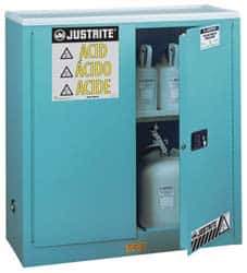 Justrite - 2 Door, 1 Shelf, Blue Steel Standard Safety Cabinet for Corrosive Chemicals - 44" High x 43" Wide x 18" Deep, Manual Closing Door, 3 Point Key Lock, 30 Gal Capacity - Exact Tool & Supply