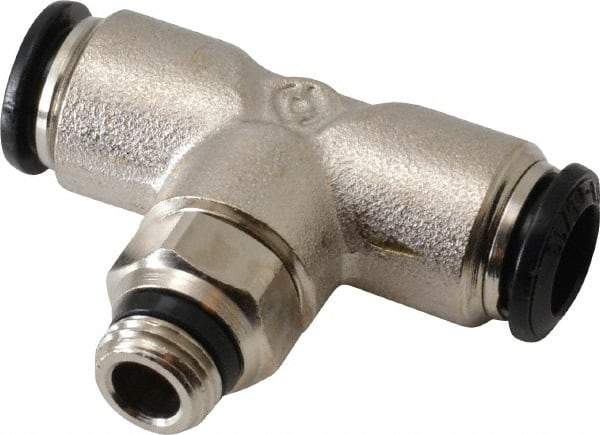 Alpha Technologies - 8mm Outside Diam, 1/8 Universal, Nickel Plated Brass Push-to-Connect Tube Male Swivel Branch Tee - 250 Max psi, Tube to Universal Thread Connection, Buna O-Ring - Exact Tool & Supply