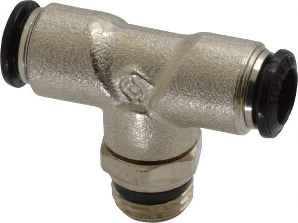 Alpha Technologies - 8mm Outside Diam, 1/4 Universal, Nickel Plated Brass Push-to-Connect Tube Male Swivel Branch Tee - 250 Max psi, Tube to Universal Thread Connection, Buna O-Ring - Exact Tool & Supply