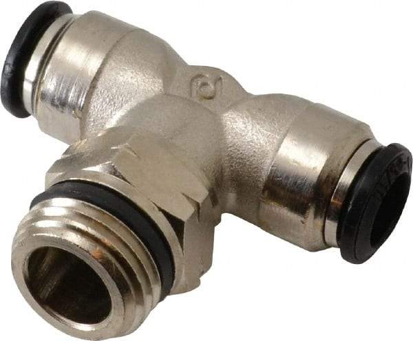 Alpha Technologies - 8mm Outside Diam, 3/8 Universal, Nickel Plated Brass Push-to-Connect Tube Male Swivel Branch Tee - 250 Max psi, Tube to Universal Thread Connection, Buna O-Ring - Exact Tool & Supply