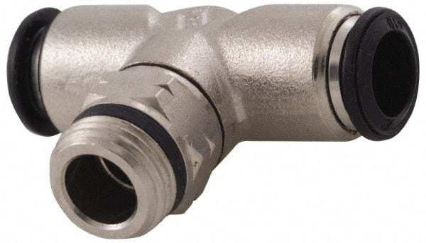 Alpha Technologies - 5mm Outside Diam, M5 Metric, Nickel Plated Brass Push-to-Connect Tube Male Swivel Branch Tee - 250 Max psi, Tube to Metric Thread Connection, Buna O-Ring - Exact Tool & Supply