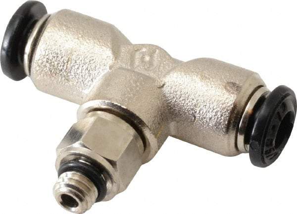 Alpha Technologies - 4mm Outside Diam, M5 Metric, Nickel Plated Brass Push-to-Connect Tube Male Swivel Branch Tee - 250 Max psi, Tube to Metric Thread Connection, Buna O-Ring - Exact Tool & Supply