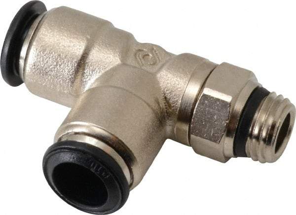 Alpha Technologies - 10mm Outside Diam, 1/4 Universal, Nickel Plated Brass Push-to-Connect Tube Male Swivel Run Tee - 250 Max psi, Tube to Universal Thread Connection, Buna O-Ring - Exact Tool & Supply