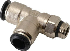 Alpha Technologies - 10mm Outside Diam, 1/4 Universal, Nickel Plated Brass Push-to-Connect Tube Male Swivel Run Tee - 250 Max psi, Tube to Universal Thread Connection, Buna O-Ring - Exact Tool & Supply