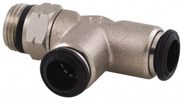 Alpha Technologies - 4mm Outside Diam, 1/4 Universal, Nickel Plated Brass Push-to-Connect Tube Male Swivel Run Tee - 250 Max psi, Tube to Universal Thread Connection, Buna O-Ring - Exact Tool & Supply