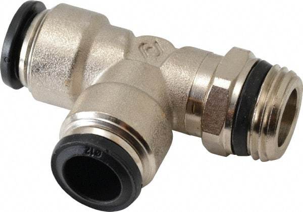Alpha Technologies - 12mm Outside Diam, 1/2 Universal, Nickel Plated Brass Push-to-Connect Tube Male Swivel Run Tee - 250 Max psi, Tube to Universal Thread Connection, Buna O-Ring - Exact Tool & Supply