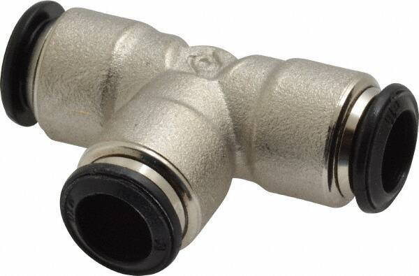 Alpha Technologies - 10mm Outside Diam, Nickel Plated Brass Push-to-Connect Tube Union Tee - 250 Max psi, Tube to Tube Connection, Buna O-Ring - Exact Tool & Supply