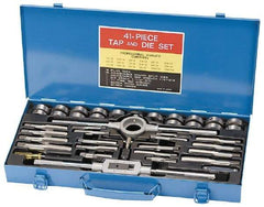 Interstate - 1/8-27 to 3/4-16 Tap, 1/4-20 to 3/4-16 Die, NPT, UNC, UNF, Tap and Die Set - Bright Finish Carbon Steel, Carbon Steel Taps, Plug Taps, Adjustable 1-1/2" Hex Size, 41 Piece Set with Metal Case - Exact Tool & Supply