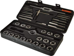 Interstate - #4-40 to 1/2-20 Tap, #4-40 to 1/2-20 Die, NPT, UNC, UNF, Tap and Die Set - Bright Finish Carbon Steel, Carbon Steel Taps, Nonadjustable 1" Hex Size, 39 Piece Set with Plastic Case - Exact Tool & Supply