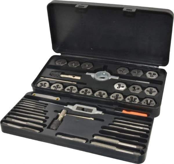 Interstate - M3x0.50 to M12x1.75 Tap, 1/8-27 to 1/8-27 Die, Metric Coarse, Metric Fine, NPT, Tap and Die Set - Bright Finish Carbon Steel, Carbon Steel Taps, Nonadjustable 1" Hex Size, 41 Piece Set with Plastic Case - Exact Tool & Supply