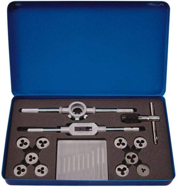 Interstate - #0-80 to #12-24 Tap, #0-80 to #12-24 Die, UNC, UNEF, UNF, Tap and Die Set - Bright Finish Carbon Steel, Carbon Steel Taps, Adjustable, 23 Piece Set with Metal Case - Exact Tool & Supply