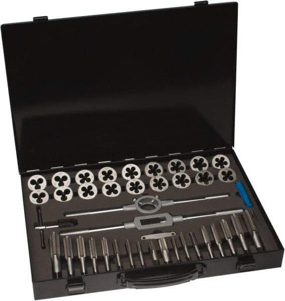 Interstate - 1/8-27 to 3/4-16 Tap, NPT, UNC, UNF, Tap and Die Set - Bright Finish High Speed Steel, High Speed Steel Taps, Plug Taps, Nonadjustable, 41 Piece Set with Plastic Case - Exact Tool & Supply
