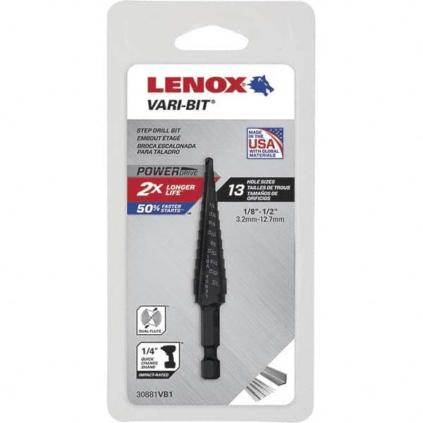 Lenox - 13 Hole Sizes, 1/8 to 1/2" Hole Diam High Speed Steel Split Point Step Drill Bit - Exact Tool & Supply
