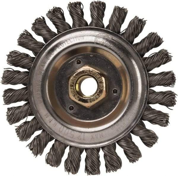 Weiler - 5" OD, 5/8" Arbor Hole, Stringer Bead Steel Wheel Brush - 1/2" Face Width, 7/8" Trim Length, 0.023" Filament Diam, 12,500 RPM - Exact Tool & Supply