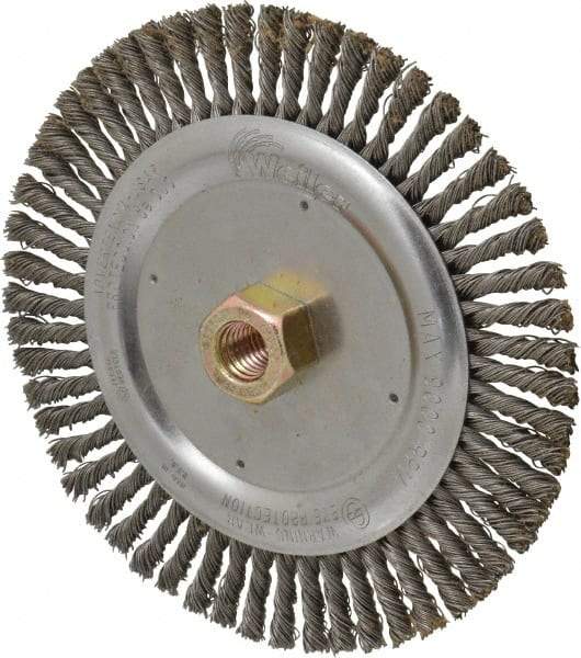 Weiler - 7" OD, 5/8" Arbor Hole, Stringer Bead Steel Wheel Brush - 3/16" Face Width, 1-1/8" Trim Length, 0.02" Filament Diam, 9,000 RPM - Exact Tool & Supply