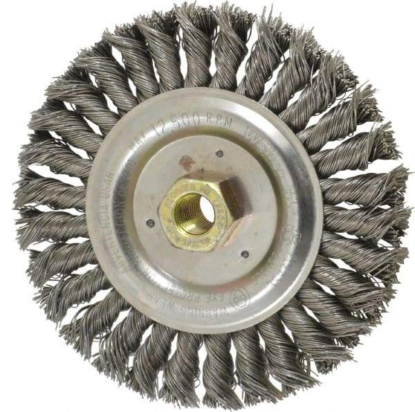Weiler - 6" OD, 5/8" Arbor Hole, Stringer Bead Steel Wheel Brush - 1/2" Face Width, 1-1/8" Trim Length, 0.02" Filament Diam, 12,500 RPM - Exact Tool & Supply