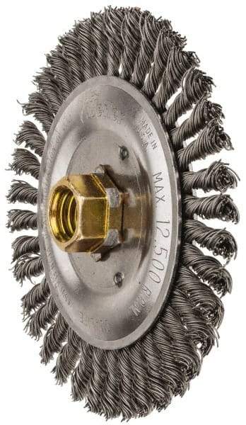 Weiler - 5" OD, 5/8" Arbor Hole, Stringer Bead Steel Wheel Brush - 3/16" Face Width, 7/8" Trim Length, 0.02" Filament Diam, 12,500 RPM - Exact Tool & Supply
