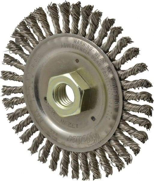 Weiler - 4-1/2" OD, 5/8" Arbor Hole, Knotted Stainless Steel Wheel Brush - 3/16" Face Width, 7/8" Trim Length, 0.02" Filament Diam, 12,500 RPM - Exact Tool & Supply
