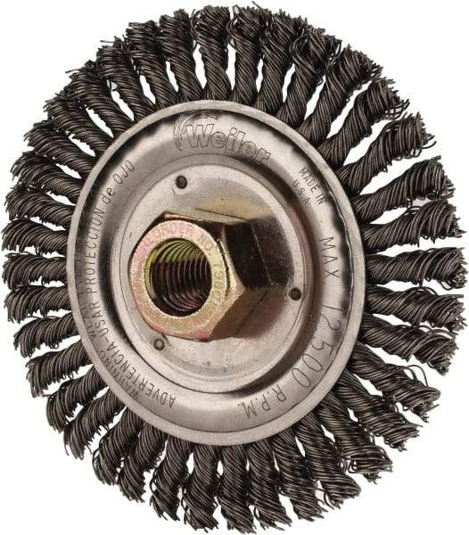 Weiler - 4-1/2" OD, 5/8" Arbor Hole, Stringer Bead Steel Wheel Brush - 3/16" Face Width, 13/16" Trim Length, 0.02" Filament Diam, 15,000 RPM - Exact Tool & Supply