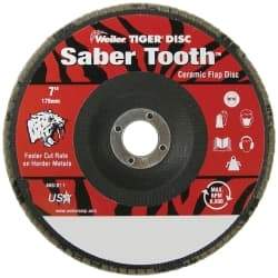 Weiler - 40 Grit, 7" Disc Diam, 7/8" Center Hole, Type 29 Ceramic Flap Disc - 8,600 Max RPM, Phenolic Backing, Arbor Attaching System, Coated - Exact Tool & Supply