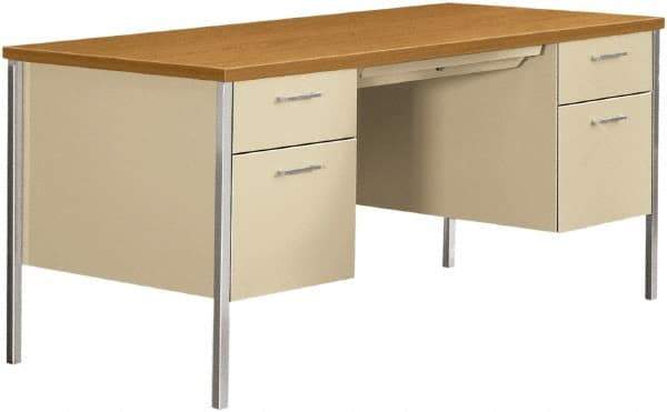 Hon - Woodgrain Laminate/Metal Double Pedestal Desk with Center Drawer - 62-3/4, 60" Wide x 30" Deep x 22-1/2, 29" High, Harvest/Putty - Exact Tool & Supply