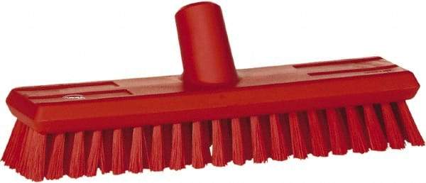 Vikan - 1.3" Bristle Length, Polyester Scrub Brush - 10-3/4" Long x 2-1/2" Wide Head, 11" OAL, European Threaded Handle, Red, Polypropylene Block - Exact Tool & Supply