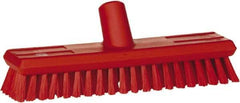 Vikan - 1.3" Bristle Length, Polyester Scrub Brush - 10-3/4" Long x 2-1/2" Wide Head, 11" OAL, European Threaded Handle, Red, Polypropylene Block - Exact Tool & Supply
