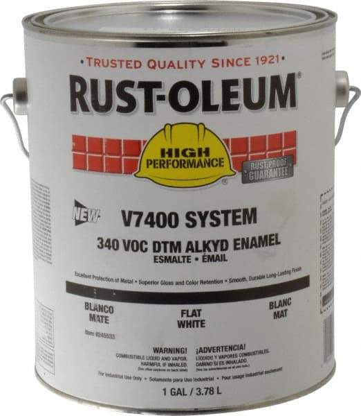 Rust-Oleum - 1 Gal White Flat Finish Alkyd Enamel Paint - 230 to 425 Sq Ft per Gal, Interior/Exterior, Direct to Metal, <340 gL VOC Compliance - Exact Tool & Supply
