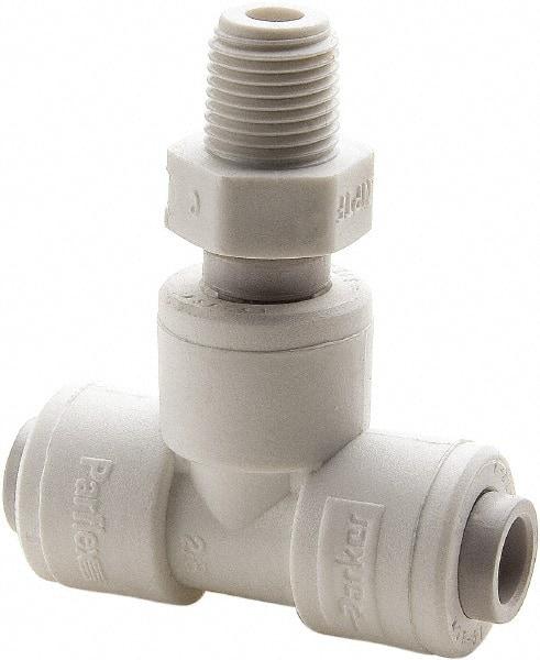 Parker - 1/2" Outside Diam, 1/2 NPTF, Polypropylene Push-to-Connect Tube Male Swivel Branch Tee - 150 Max psi, White - Exact Tool & Supply