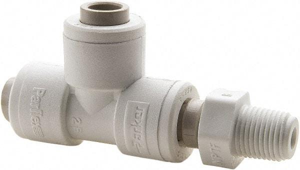 Parker - 1/2" Outside Diam, 3/8 NPTF, Polypropylene Push-to-Connect Tube Male Swivel Run Tee - 150 Max psi, White - Exact Tool & Supply