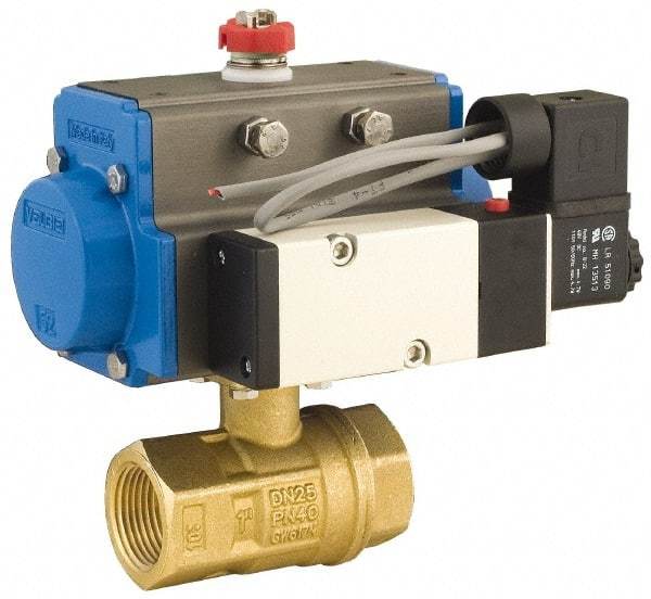 BONOMI - 1/2" Pipe, 600 psi WOG Rating Brass Pneumatic Spring Return with Solenoid Actuated Ball Valve - PTFE Seal, Full Port, 150 psi WSP Rating, NPT End Connection - Exact Tool & Supply