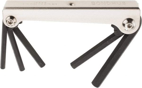Bondhus - 5 Piece Fold-Up Hex Key Set - Hex Range 3/16 to 3/8", 7-1/2" OAL, Protanium High Torque Steel - Exact Tool & Supply